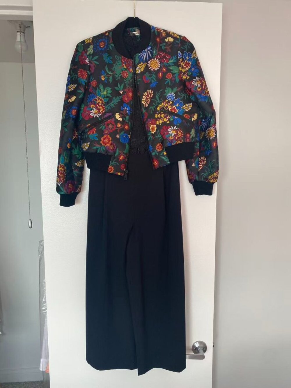 Alice Olivia Black Lace Jumpsuit + Floral Brocade Bomber Jacket